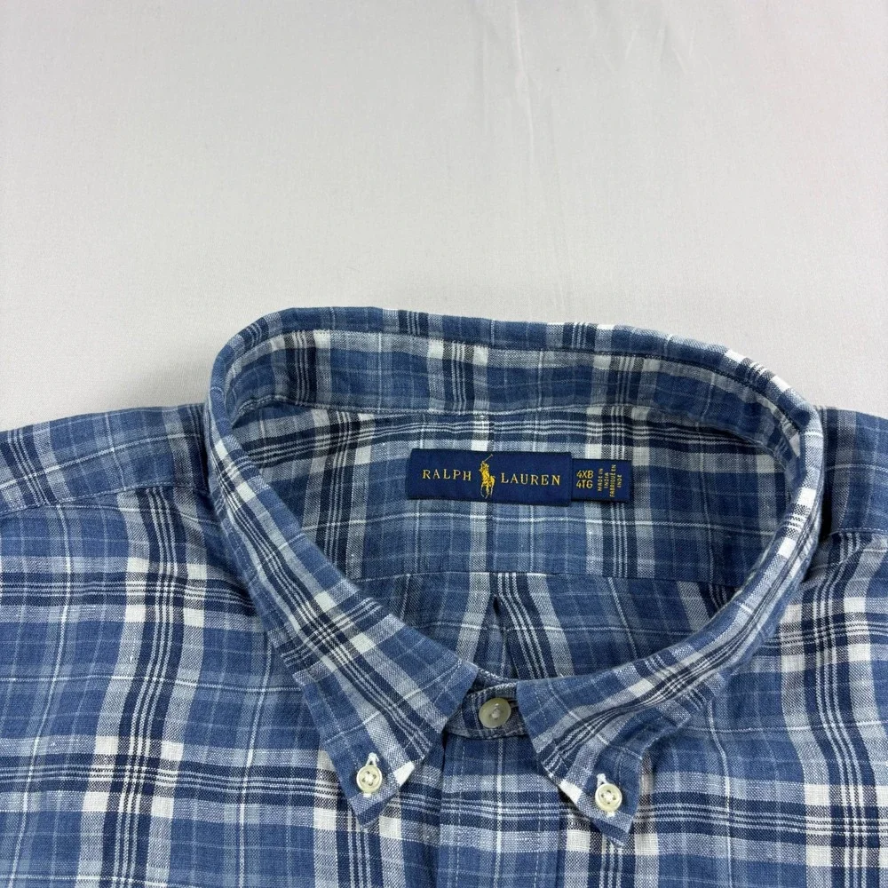 Polo Ralph Lauren Linen Shirt Mens 4XB Big Blue Plaid Button Up Beach NEW